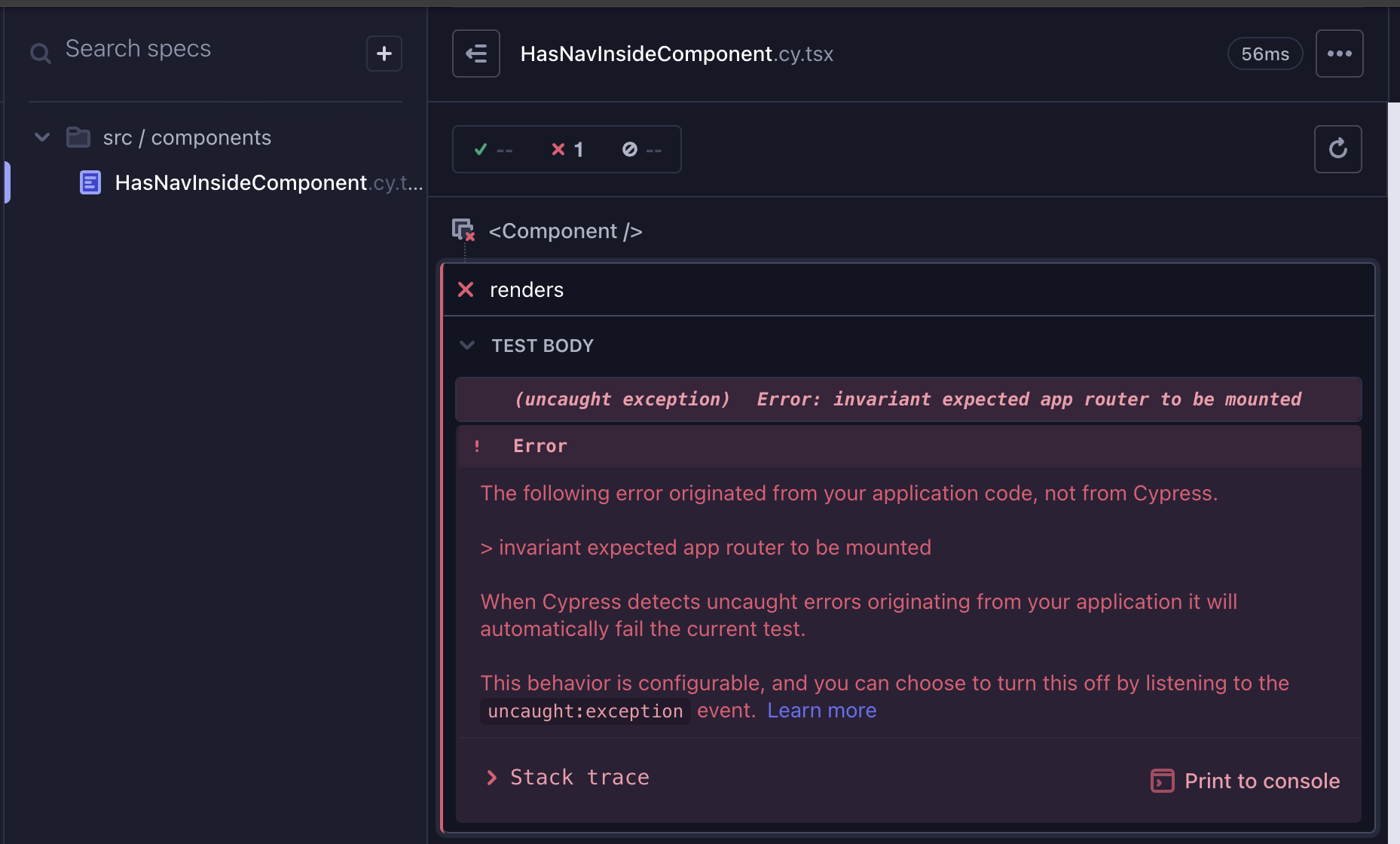 Cypress test failure showing "Error: invariant expected app router to be mounted" - a common error when trying to test Next.js router components in isolation